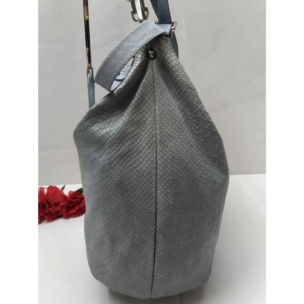 Gianni Chiarini Light Blue Leather Snakeskin Embossed Tassel Hobo Shoulder Bag